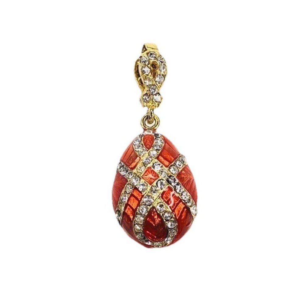 Gold Trellis Egg Teardrop Pendant Orange Enamel Art Deco Rhinestones Charm